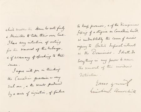 Lot #121 Winston Churchill Autograph Letter Signed on the Canadian Cattle Embargo - Image 3