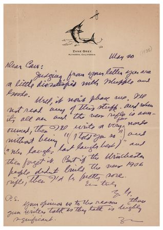 Lot #490 Zane Grey Autograph Letter Signed on a Winchester Rifle - Image 1