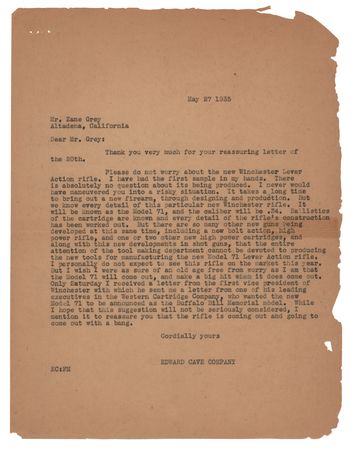 Lot #490 Zane Grey Autograph Letter Signed on a Winchester Rifle - Image 2