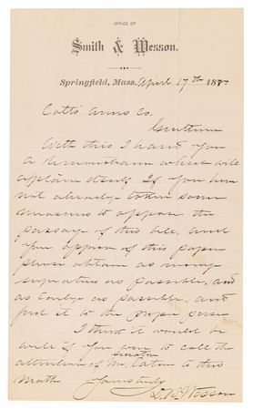 Lot #138 Daniel B. Wesson Autograph Letter Signed to Colt's Arms Company, Opposing Federal Firearms Legislation - Image 1