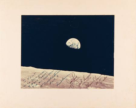 Lot #286 Apollo 8 Astronauts and Jack Swigert Signed Oversized 'Earthrise' Photograph - Image 1