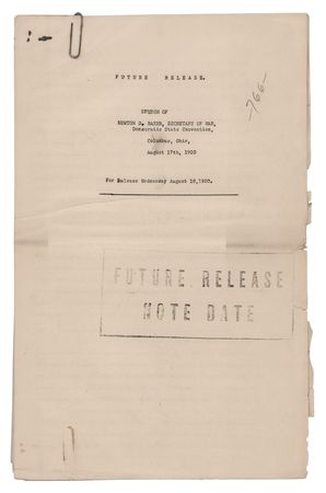 Lot #116 Woodrow Wilson: Newton D. Baker Original 'League of Nations' Speech at the 1920 Ohio Democratic State Convention - Image 1