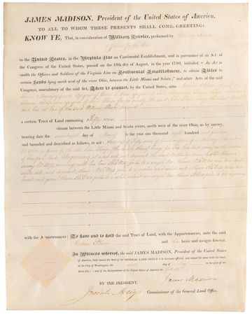 Lot #74 James Madison Signed Military Land Grant as President - Image 2