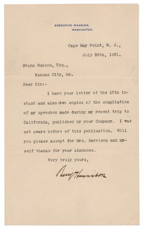 Lot #58 Benjamin Harrison Typed Letter Signed as President, Sending Thanks for 