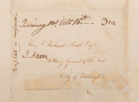 Lot #4 John Adams Signed Free Frank to Attorney General Richard Rush - Image 1