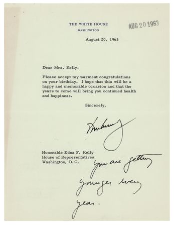 Lot #17 John F. Kennedy Typed Letter Signed as President to Congresswoman Edna F. Kelly: 