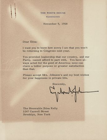 Lot #72 Lyndon B. Johnson Typed Letter Signed as President to Congresswoman Edna F. Kelly: 
