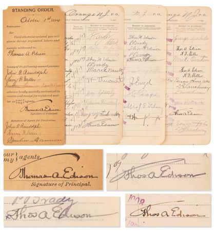 Lot #166 Thomas Edison (4) Signatures on Orange Post Office Documents - Image 1