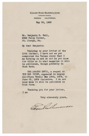 Lot #468 Edgar Rice Burroughs Typed Letter Signed: 