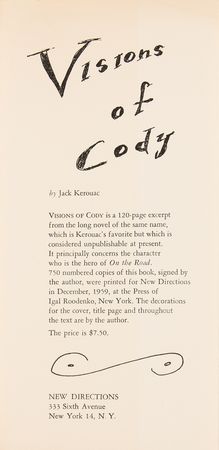Lot #454 Jack Kerouac Signed Book - Excerpts from Visions of Cody (Ltd. Ed. #709/750) - Image 6