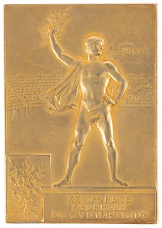 Lot #3047 Paris 1900 Olympics Gilt Bronze Winner's Medal for Gymnastics (Fete Federale) - Image 2