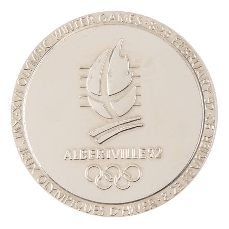Lot #3158 Albertville 1992 Winter Olympics Chrome-Plated Steel Participation Medal - Image 1