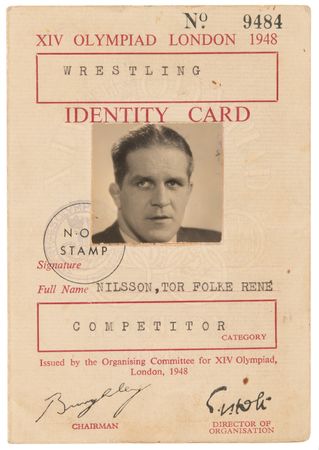 Lot #3348 London 1948 Summer Olympics Competitor Identity Card for Swedish Wrestler Tor Nilsson - Image 1