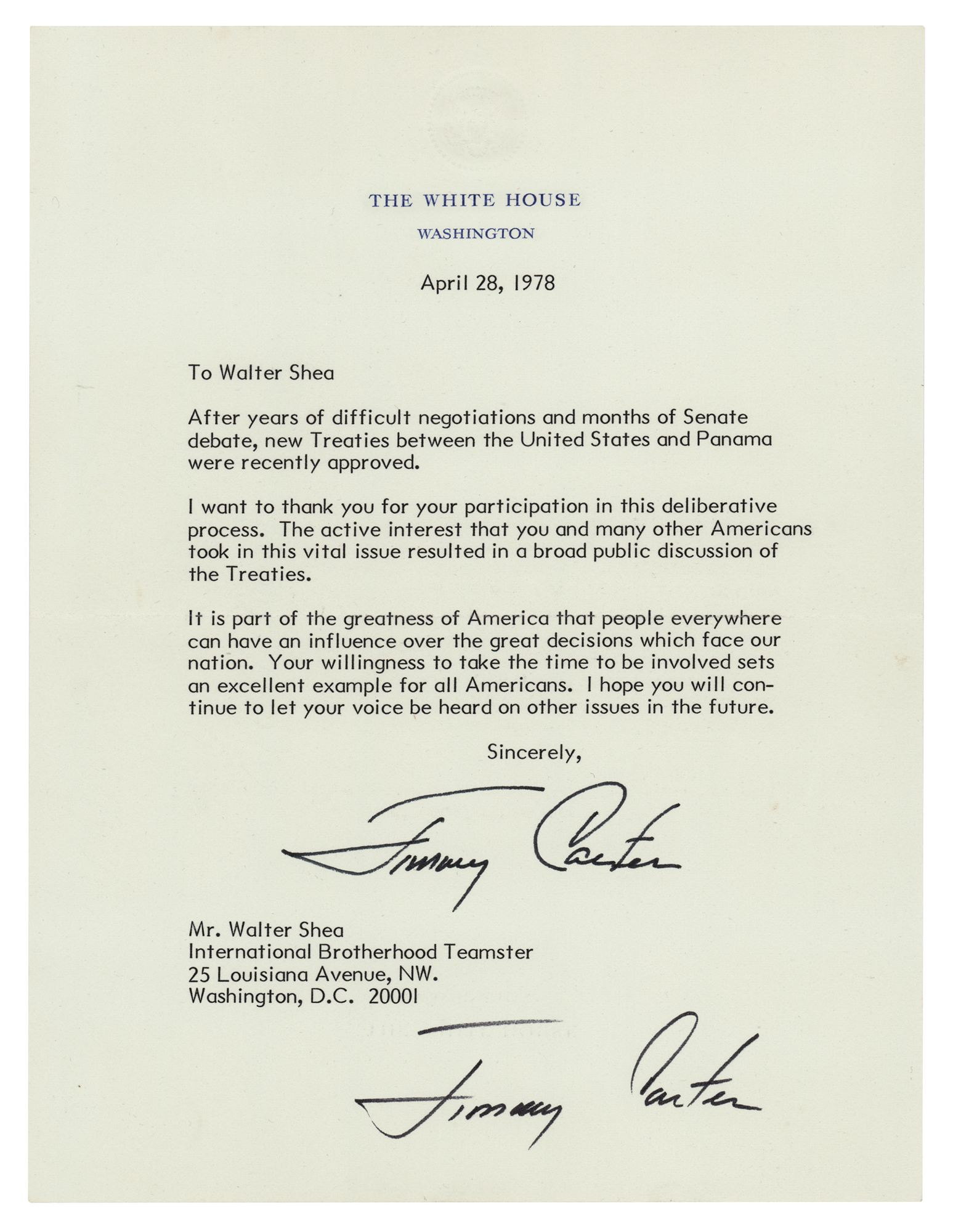 Jimmy Carter Typed Letter Signed as President: