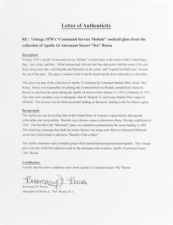 Lot #574 Apollo Command Module 'Moonshot' Glass - From the Personal Collection of Stuart A. Roosa - Image 5