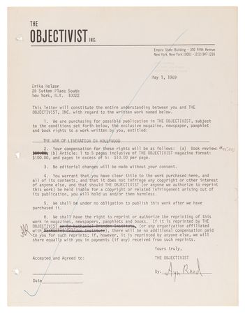 Lot #628 Ayn Rand Document Signed for The Objectivist - Image 1