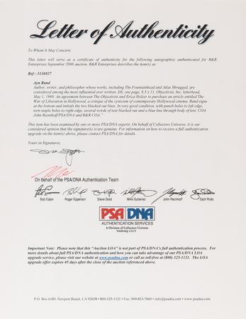 Lot #628 Ayn Rand Document Signed for The Objectivist - Image 3