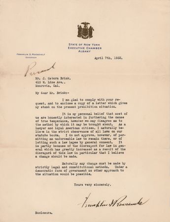 Lot #251 Franklin D. Roosevelt Typed Letter Signed on Repealing Prohibition: 