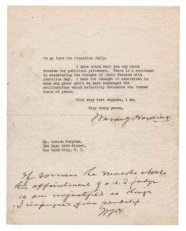 Lot #169 Warren G. Harding Typed Letter Signed as President to Mount Rushmore Sculptor Gutzon Borglum - Image 2