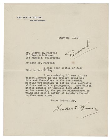 Lot #182 Herbert Hoover Typed Letter Signed as President on 