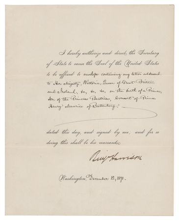Lot #171 Benjamin Harrison Document Signed as President to Congratulate Queen Victoria on the Birth of a Prince - Image 1