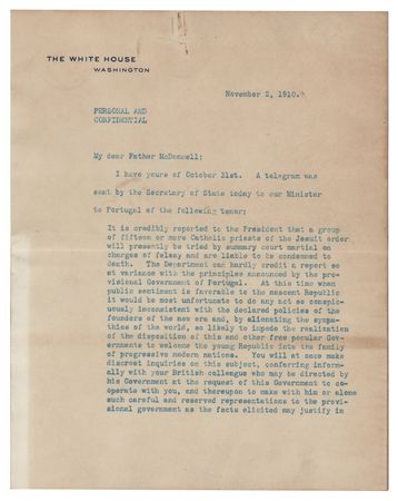 Lot #265 William H. Taft Typed Letter Signed as President, Requesting a Discreet Inquiry into Portugal's Catholic Ban and the Fate of Jesuit Priests - Image 1