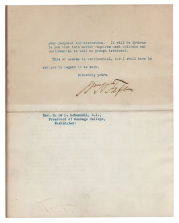 Lot #265 William H. Taft Typed Letter Signed as President, Requesting a Discreet Inquiry into Portugal's Catholic Ban and the Fate of Jesuit Priests - Image 2