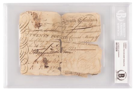 Lot #447 Thomas Lynch, Sr. and Henry Middleton Revolutionary War-Dated Signed South Carolina Colonial Currency - Image 1