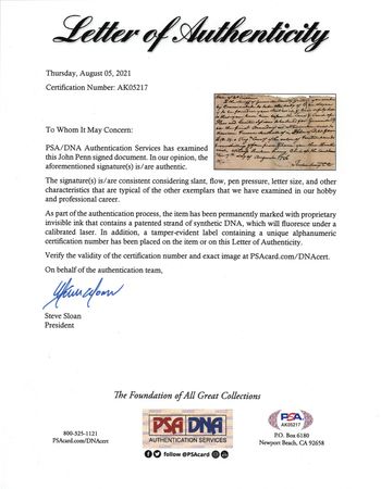 Lot #319 John Penn Autograph Document Signed - Image 3