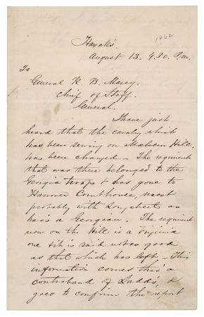 Lot #525 Alfred Pleasonton Civil War-Dated Autograph Letter Signed, Reporting on Positions of Longstreet and Jackson - Intelligence Gained from 'Contraband' Slaves - Image 1