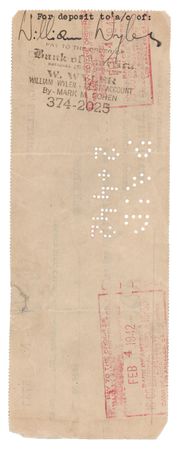 Lot #868 David O. Selznick and William Wyler Signed Check - Image 2