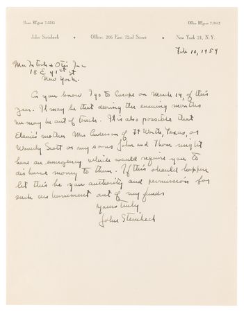 Lot #629 John Steinbeck (2) Autograph Letters Signed on Travels to Spain, a Project with Elia Kazan and the Queen of Greece, and Financial Matters - Image 4