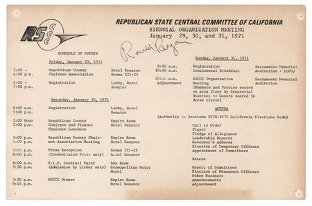 Lot #244 Ronald Reagan Signed 1971 Event Schedule for the 'Republican State Central Committee of California' - Image 1