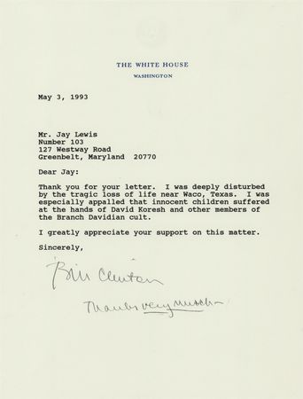 Lot #136 Bill Clinton Typed Letter Signed as President on the Waco Massacre - Image 1