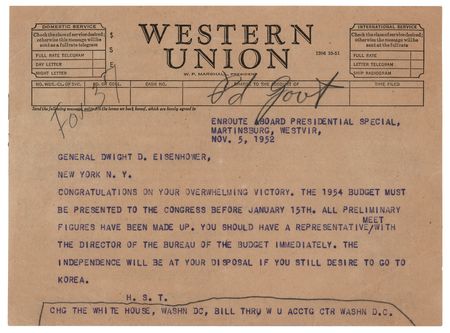 Lot #271 Harry S. Truman Presidential Telegram to Dwight D. Eisenhower on the 1952 Election: 