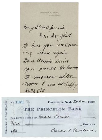 Lot #135 Frances Cleveland Signed Check and Ruth 'Baby Ruth' Cleveland Rare Autograph Letter Signed - Image 1