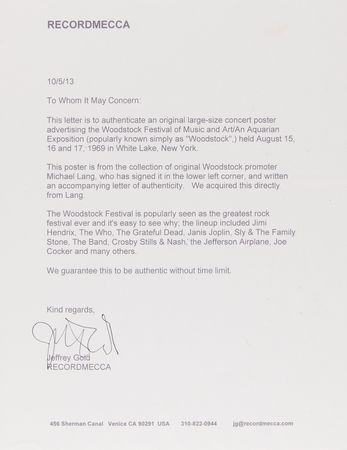 Lot #676 Woodstock Music Festival Original Poster Signed by Promoter Michael Lang - Image 3