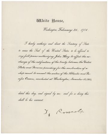 Lot #58 President Theodore Roosevelt Ratifies a Treaty for the Construction of the Panama Canal (1904) - Image 1