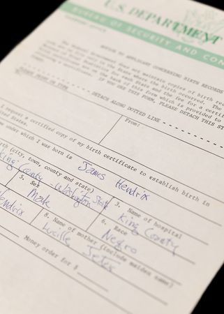 Lot #718 Jimi Hendrix Filled Out and Signed 1967 ‘Birth Certificate’ Application, a Requisite for Musicians’ Union Membership - Image 1
