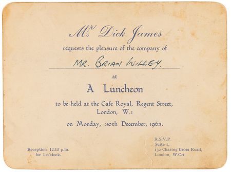 Lot #655 Beatles Signed Cafe Royal Luncheon Invitation, Obtained Before their Astoria Cinema ‘Christmas Show’ (December 30, 1963) - Image 2