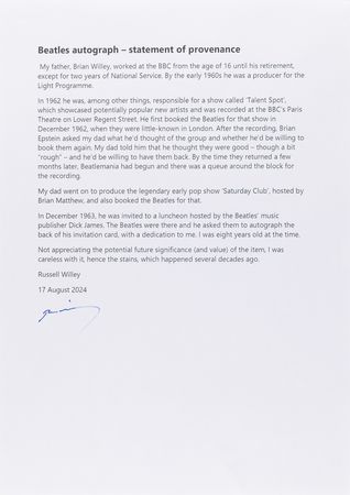 Lot #655 Beatles Signed Cafe Royal Luncheon Invitation, Obtained Before their Astoria Cinema ‘Christmas Show’ (December 30, 1963) - Image 3