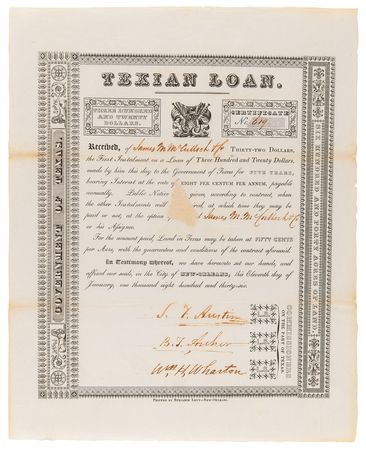 Lot #354 Stephen F. Austin Document Signed - Ornate 1836 Texian Loan Certificate Supporting the Revolution - Image 1