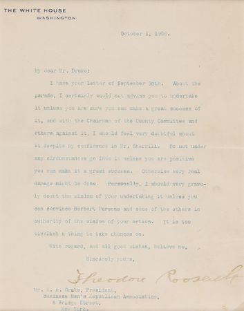 Lot #59 Theodore Roosevelt Typed Letter Signed on a Proposed Parade: 