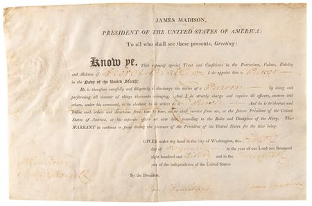 Lot #217 James Madison Naval Document Signed as President (1812) - Image 1