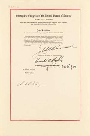 Lot #230 Richard Nixon Signed Souvenir Typescript - Joint Resolution for Expenses of the National Council on Indian Opportunity - Image 1