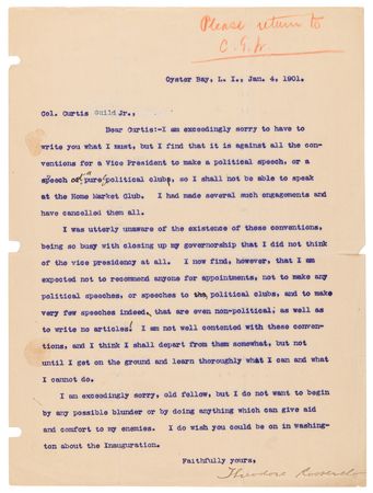 Lot #62 Theodore Roosevelt Typed Letter Signed as Vice President-Elect - “I am not well contented with these conventions, and I think I shall depart from them somewhat” - Image 1