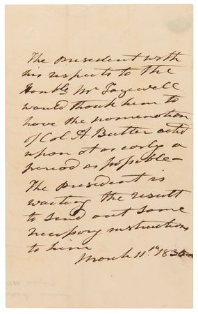 Lot #21 Andrew Jackson Third-Person Autograph Letter Signed as President, Urging the Nomination of a Diplomat to Mexico - Image 1