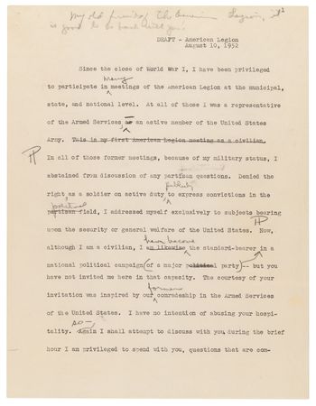 Lot #68 Dwight D. Eisenhower Hand-Edited Typescript for an American Legion Speech on the Soviet Threat, Delivered During His 1952 Presidential Campaign - Image 2
