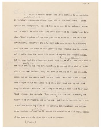 Lot #68 Dwight D. Eisenhower Hand-Edited Typescript for an American Legion Speech on the Soviet Threat, Delivered During His 1952 Presidential Campaign - Image 3