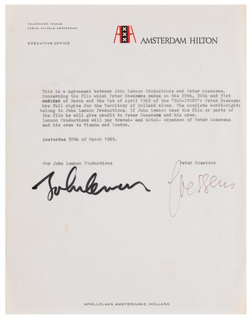 Lot #4045 Beatles: John Lennon Signed 'Bed in for Peace' Contract, Granting Filming Rights for a 'Bag Event' at the Amsterdam Hilton Hotel - Image 1